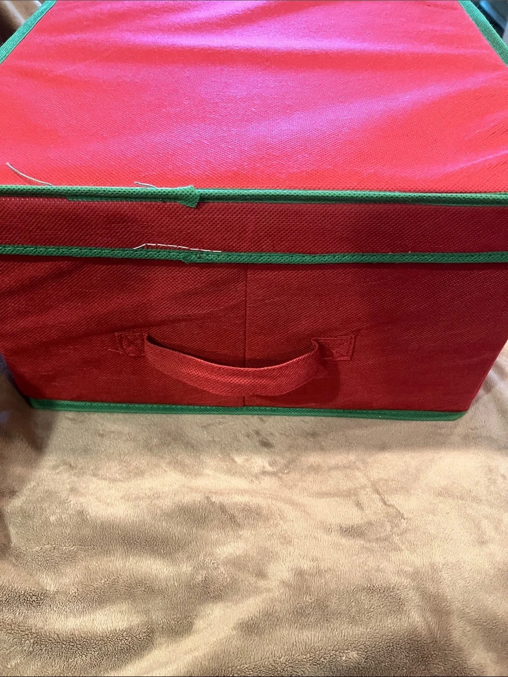 Red Holiday Ornament Storage Box with Green Trim Missing Side Handle